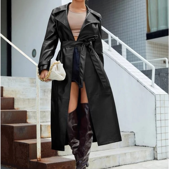 Leather longline coat with belt - Picture 2 of 4